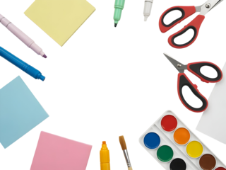 Colorful school and office stationery items arranged in a circular frame with various art supplies isolated on transparent background