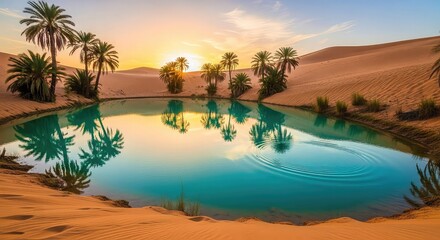 Stunning desert oasis with palm trees and a tranquil blue lake reflecting the sunset sky and golden sand dunes.