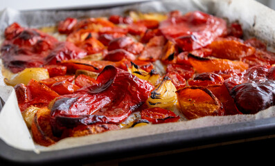 Roasted Tomatoes, Red Bell Pepper, Onion, and Garlic on Tray – Autumn Comfort Food