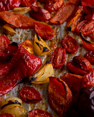 Roasted Tomatoes, Red Bell Pepper, Onion, and Garlic on Tray – Autumn Comfort Food