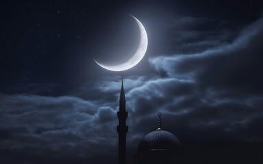 Crescent moon shines over a mosque at night Vector