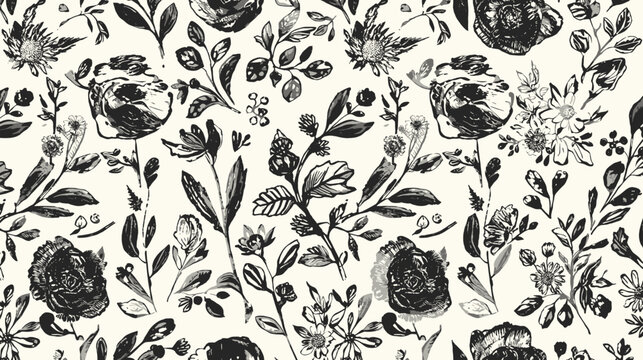Elegant monochrome floral pattern featuring hand-drawn roses, leaves, and various botanical elements on a cream background, perfect for design.