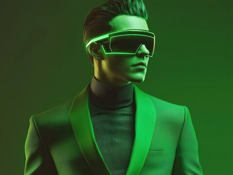 Man in a green suit with futuristic glasses in a vibrant, monochromatic, and visually striking color setting. - Powered by Adobe