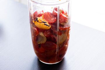 Roasted Vegetables in Blender – Tomatoes, Red Bell Pepper, Onion, and Garlic for Creamy Soup