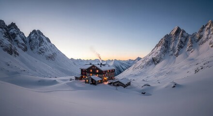 A cozy mountain hut illuminated at twilight in a vast, snow-covered alpine valley surrounded by majestic peaks.
