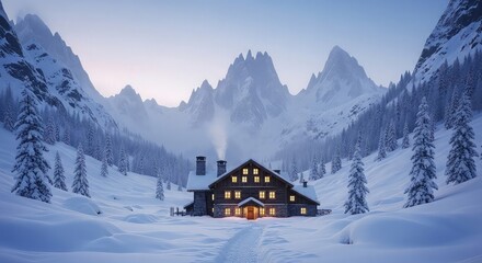 Cozy mountain lodge in a snowy valley at twilight, surrounded by majestic peaks and frosted pine trees, with warm lights glowing.