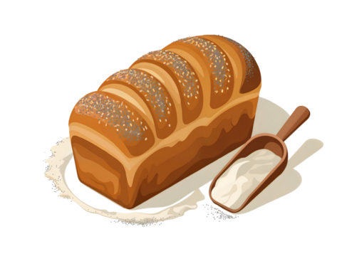 Freshly baked braided bread loaf with sesame seeds and flour scoop isolated on transparent background