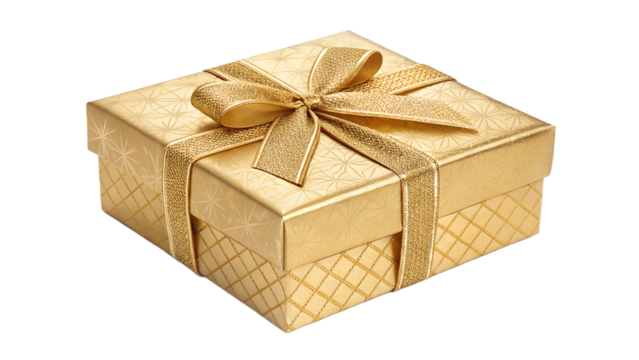 “Realistic golden gift box with ribbon, isolated on a transparent background, clean PNG”