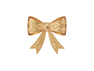 Golden decorative bow with intricate floral pattern and luxurious texture isolated on transparent background