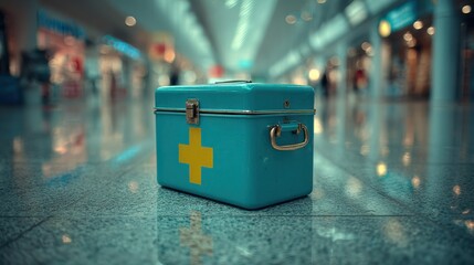 Teal Emergency Kit with Yellow Cross on Airport Floor