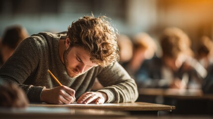 Focused Student Writing Exam in Classroom Setting