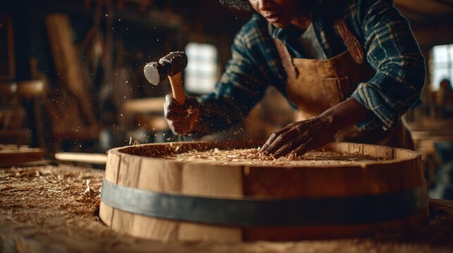 Craftsman assembling oak barrel in cooperage workshop with mallet and wood shavings, closeup of hands on barrelmaking and rustic woodworking