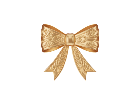 Golden decorative bow with intricate floral pattern and luxurious texture isolated on transparent background - Powered by Adobe