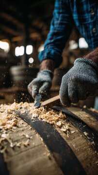 artisan cooper shaving oak barrel staves by hand in rustic workshop &mdash; close-up barrel making craftsmanship