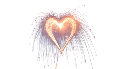 Heart shaped firework exploding with vibrant sparks and glowing light isolated on transparent background