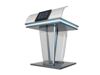 Modern futuristic podium with integrated tablet screen and illuminated design isolated on transparent background