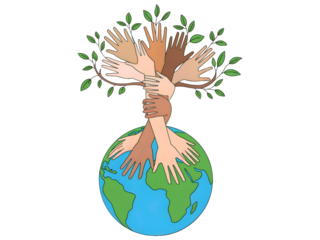 Human hands of diverse skin tones forming a tree trunk growing from planet Earth globe isolated on transparent background