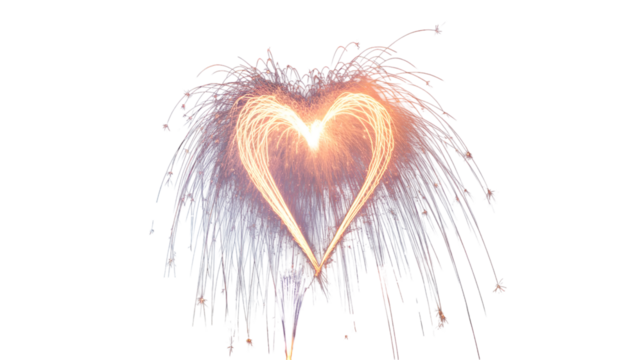 Heart shaped firework exploding with vibrant sparks and glowing light isolated on transparent background