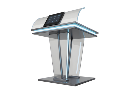 Modern futuristic podium with integrated tablet screen and illuminated design isolated on transparent background