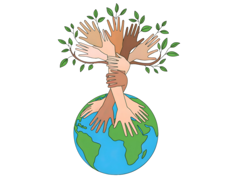 Human hands of diverse skin tones forming a tree trunk growing from planet Earth globe isolated on transparent background