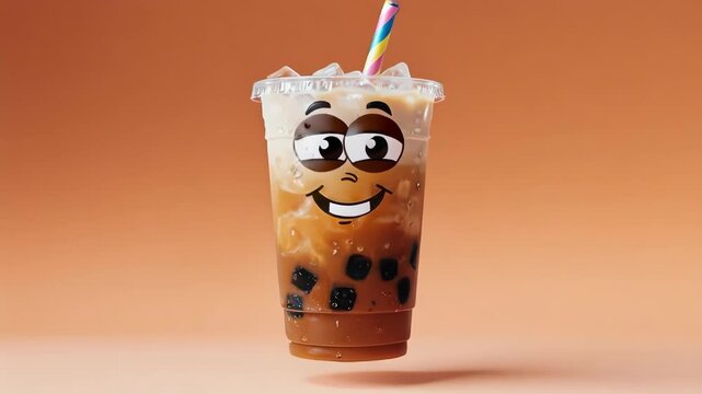 A smiling plastic cup of bubble tea with a face, filled with tapioca pearls