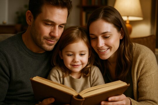 Family reading a book together at home, enjoying quality time and bonding - Powered by Adobe