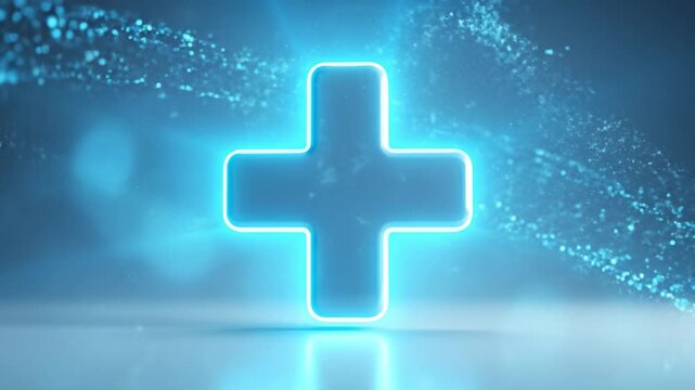 Glowing blue medical cross symbol with sparkling particles and soft light effects representing health care technology futuristic light plus sign with electric light effect symbolizing positivity
