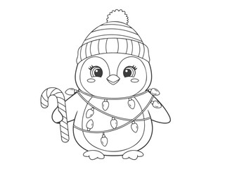 Cute Penguin Christmas Coloring Book Page for Kids - Adorable Winter Animal Design with Candy Cane and Lights