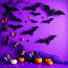 Vivid purple side view backdrop featuring black bats, mini pumpkins, and colorful paper crafts. Ideal for Halloween themes, festive atmospheres, and spooky celebrations with vibrant eerie decorations 