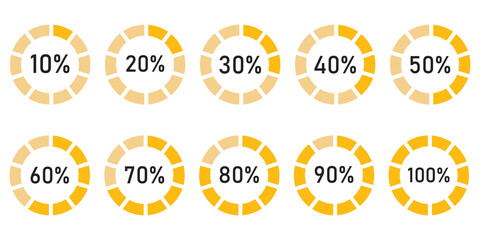 Circle percentage diagram. Radial pie charts displaying progress from 10% to 100%, perfect for data visualization, infographics, and loading indicators. Percentage number icon set