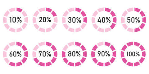 Circle percentage diagram. Radial pie charts displaying progress from 10% to 100%, perfect for data visualization, infographics, and loading indicators. Percentage number icon set