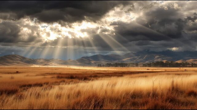 Storm clouds rolling over savannah landscape, dramatic sky and golden light across dry grass