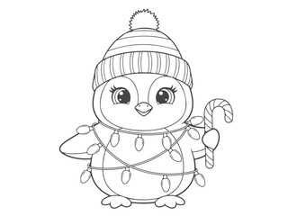 Cute Penguin Christmas Coloring Book Page for Kids - Adorable Penguin with Holiday Lights and Candy Cane