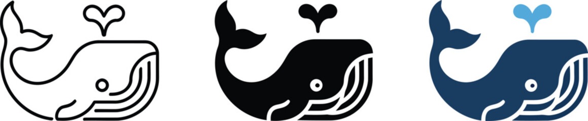 Minimalist whale icon set ocean mammal aquatic animal with spouting water from blowhole collection
