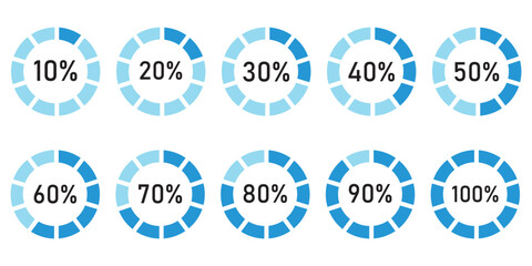 Circle percentage diagram. Radial pie charts displaying progress from 10% to 100%, perfect for data visualization, infographics, and loading indicators. Percentage number icon set