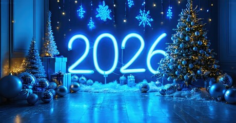 Festive interior scene. Bright blue neon lights illuminate Christmas trees, gifts, snowflakes. New year celebration ambiance.