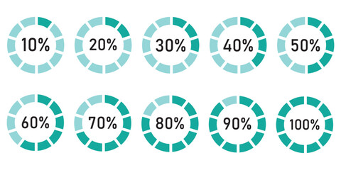 Circle percentage diagram. Radial pie charts displaying progress from 10% to 100%, perfect for data visualization, infographics, and loading indicators. Percentage number icon set