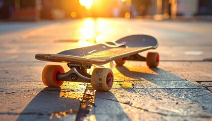 A broken skateboard repaired with tape in warm evening sunlight