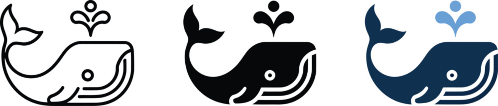 Minimalist whale icon set ocean mammal aquatic animal with spouting water from blowhole collection