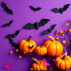 Vivid purple side view backdrop featuring black bats, mini pumpkins, and colorful paper crafts. Ideal for Halloween themes, festive atmospheres, and spooky celebrations with vibrant eerie decorations 
