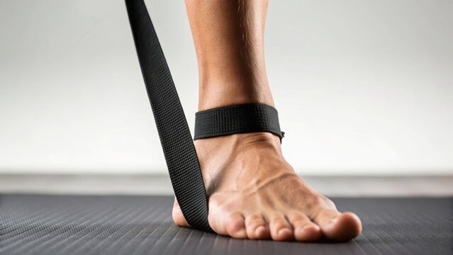 Foot secured with a strap on a yoga mat, emphasizing fitness and exercise routines.