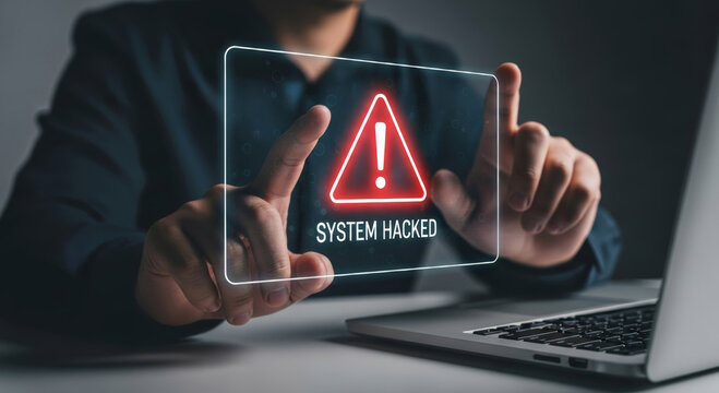 Serious businessman showing scam detection alert from hacked system. Technology indicates data breach security warning - Powered by Adobe