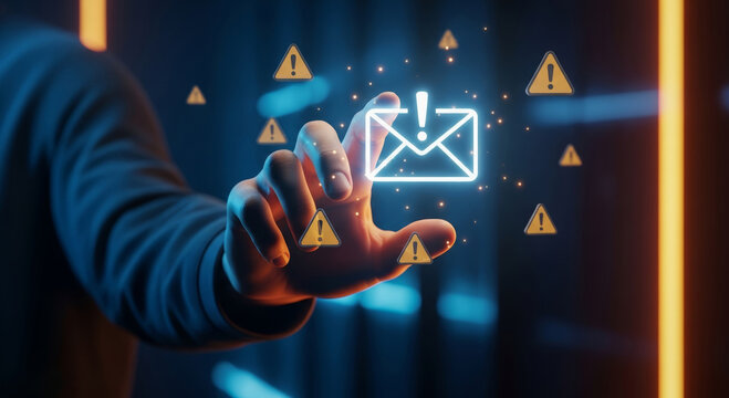 Serious person using futuristic scam email detection system security warning alert for online data protection