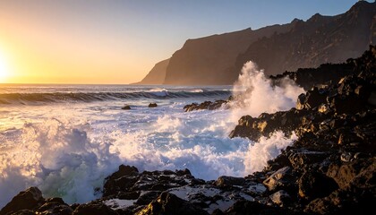 Ocean waves crashing against rocky shore during golden sunset hour