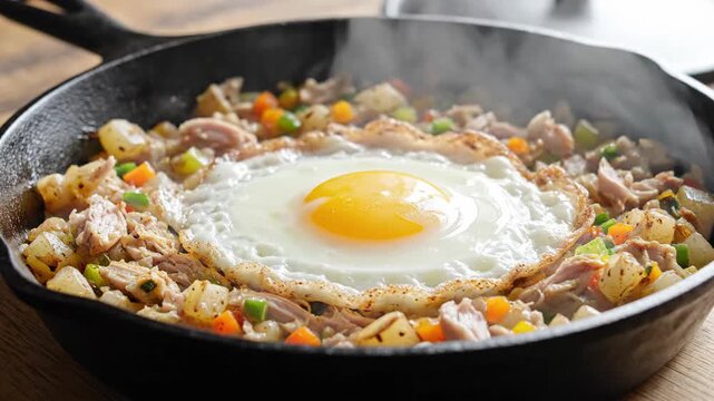 A Delicious and Flavorful Fried Egg Dish in a Cast Iron Skillet Ready to Serve