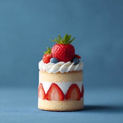 Strawberry shortcake decorated with cream and fresh berries