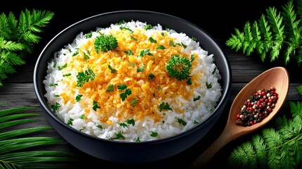 A close-up shot of a bowl of rice topped with herbs and spices, with a wooden spoon of peppercorns and green leaves on a wooden table, against a dark background