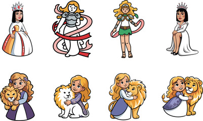 Obraz premium Set of eight cartoon style vector illustrations of female characters with lions and royalty