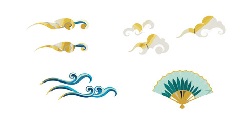 Elegant asian inspired design elements featuring clouds waves and a fan