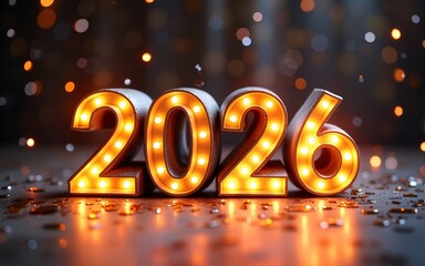 3D metallic Happy New Year 2026 letters with glowing LED edges, party confetti background. High quality
